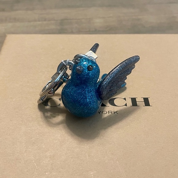 RARE Coach Blue and Gray Resin Glitter Bird Keychain Fob Bag Charm - Picture 10 of 11